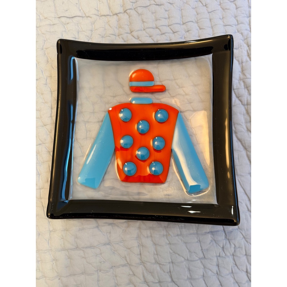 Handmade Fused Glass Jockey Silk Decorative Dish Orange Blue Equestrian Art 2011